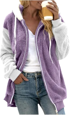Winter Jackets for Women Women'S Fashion Winter Color Block Fuzzy Fleece Coat Casual Puffer Fluffy Outdoor Teddy Bear Jacket