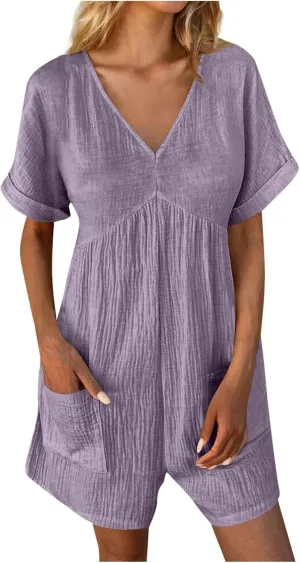 Women 2024 Summer Short Rompers Cotton Linen Jumpers Dressy Casual Tshirt Romper Jumpsuit Trendy Boho Outfits