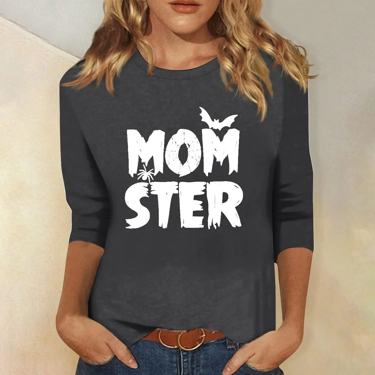 Women 3/4 Sleeve Shirts Tops Blouses Fashion Tunic Fall Clothes Casual Plus Size Basic Tops Pullover Halloween