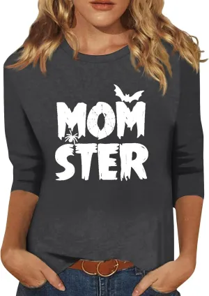 Women 3/4 Sleeve Shirts Tops Blouses Fashion Tunic Fall Clothes Casual Plus Size Basic Tops Pullover Halloween