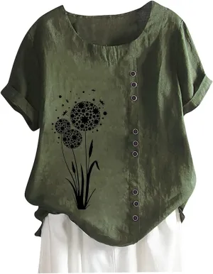 Women Casual Summer Tops Short Sleeve Crewneck Gauze T Shirt Loose Floral Graphic Linen Shirts Fashion Ladies Clothes