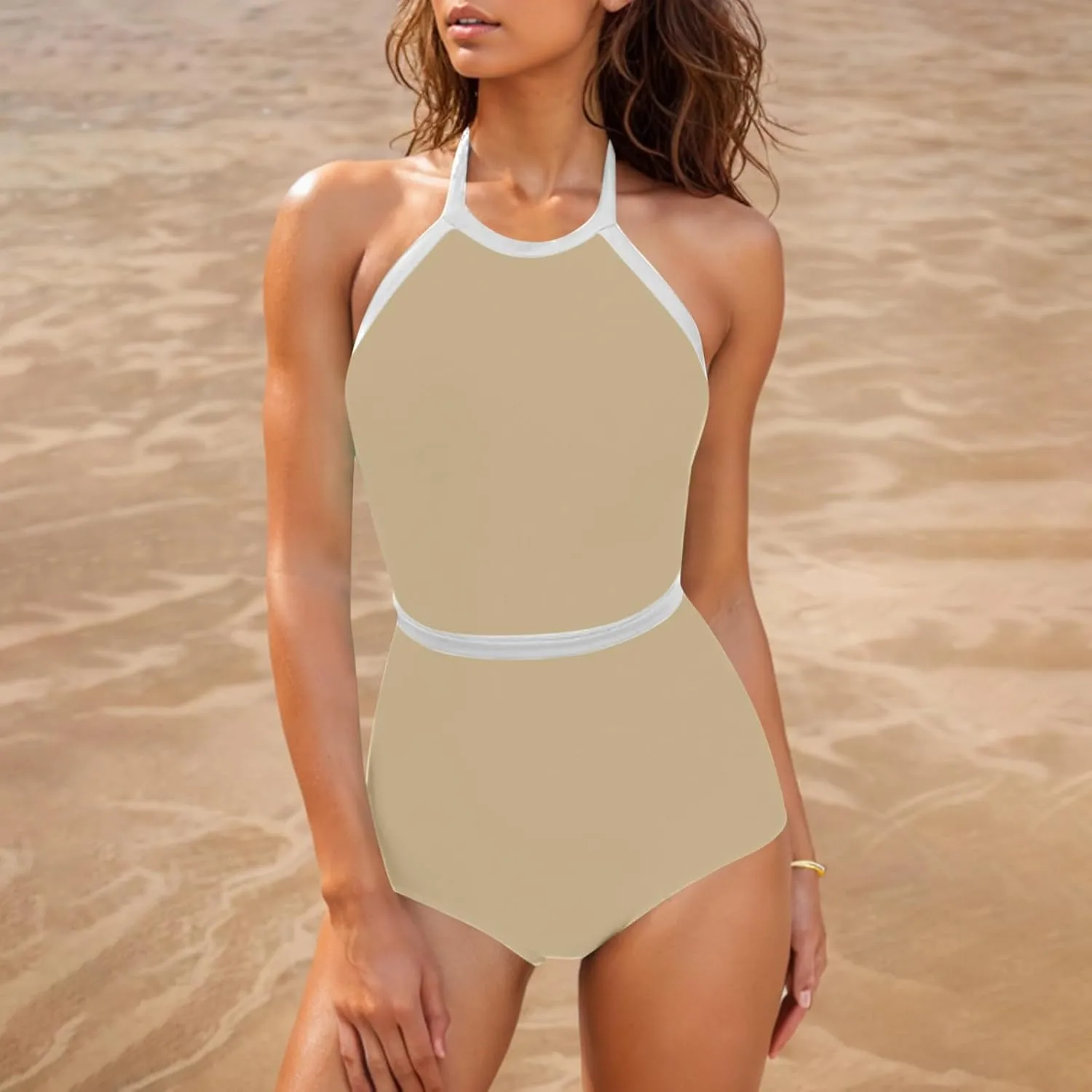 Women Color Block One Piece Swimsuit Tummy Control Swimwear Halter Neck Tie Backless Bathing Suit Sexy Swim Suits