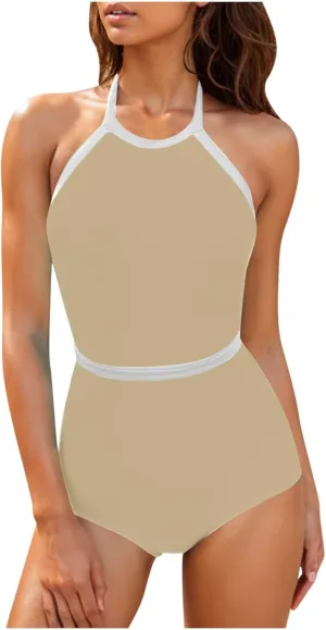 Women Color Block One Piece Swimsuit Tummy Control Swimwear Halter Neck Tie Backless Bathing Suit Sexy Swim Suits