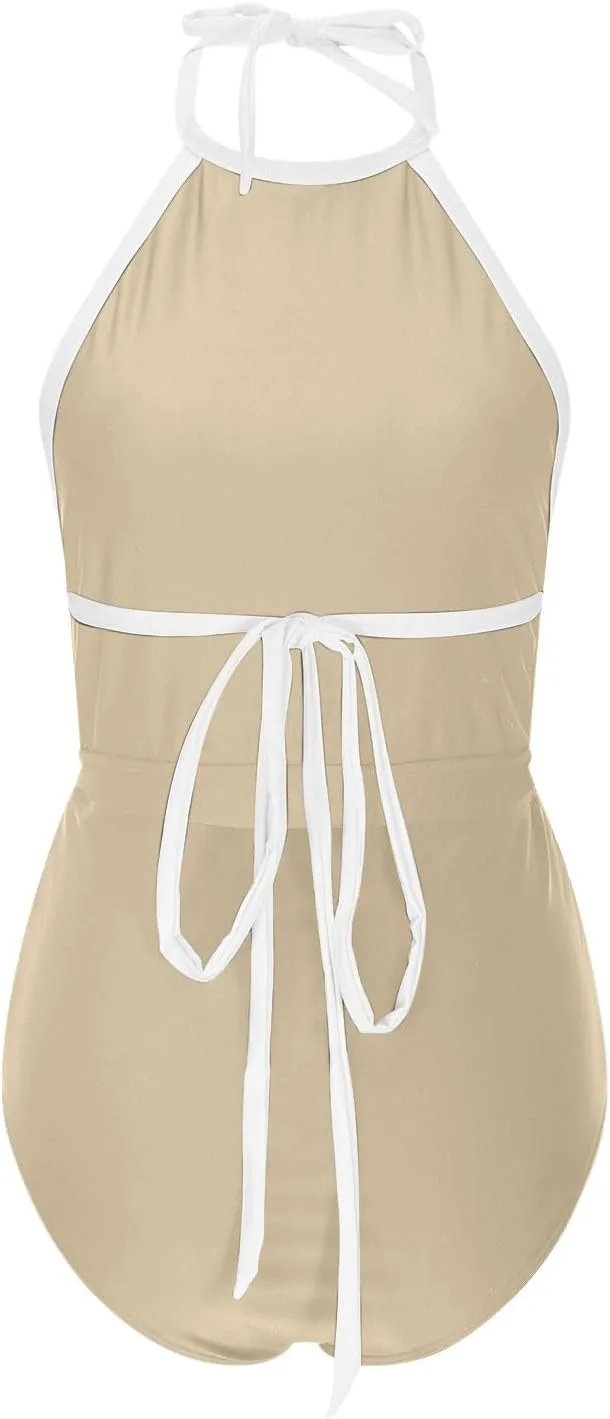 Women Color Block One Piece Swimsuit Tummy Control Swimwear Halter Neck Tie Backless Bathing Suit Sexy Swim Suits