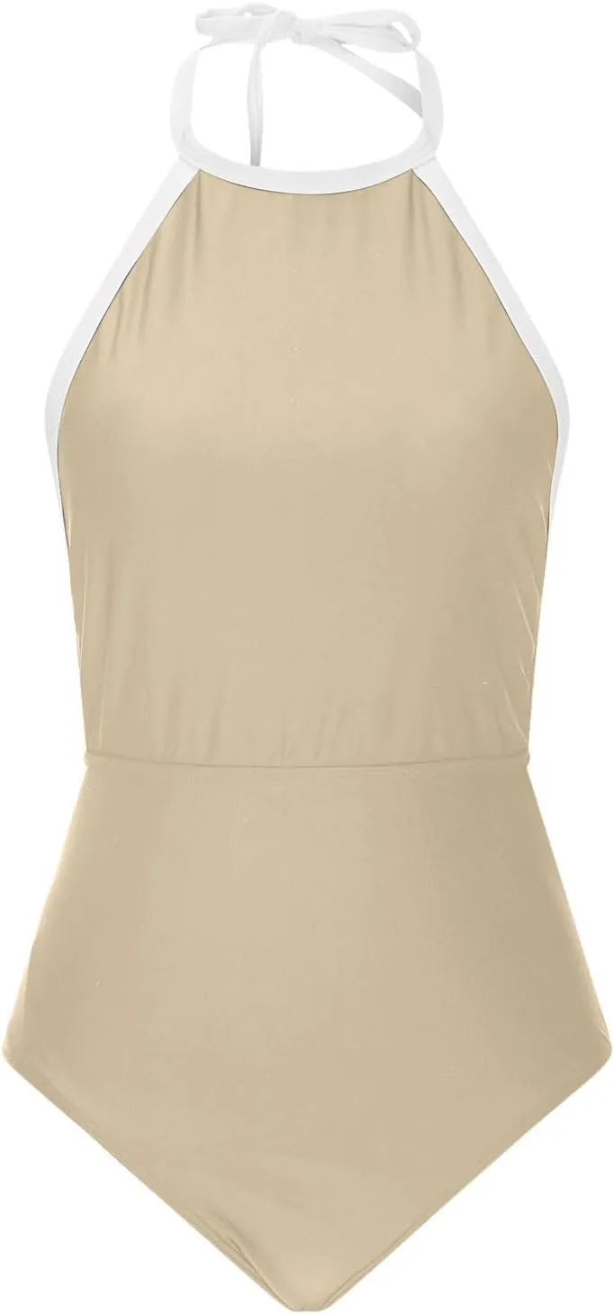 Women Color Block One Piece Swimsuit Tummy Control Swimwear Halter Neck Tie Backless Bathing Suit Sexy Swim Suits