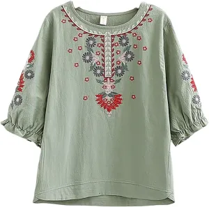 Women Cotton Linen Tops 2025 Summer Vintage Mexican Embroidered Blouse Plus Size Casual Fashion Loose Tunic Shirts