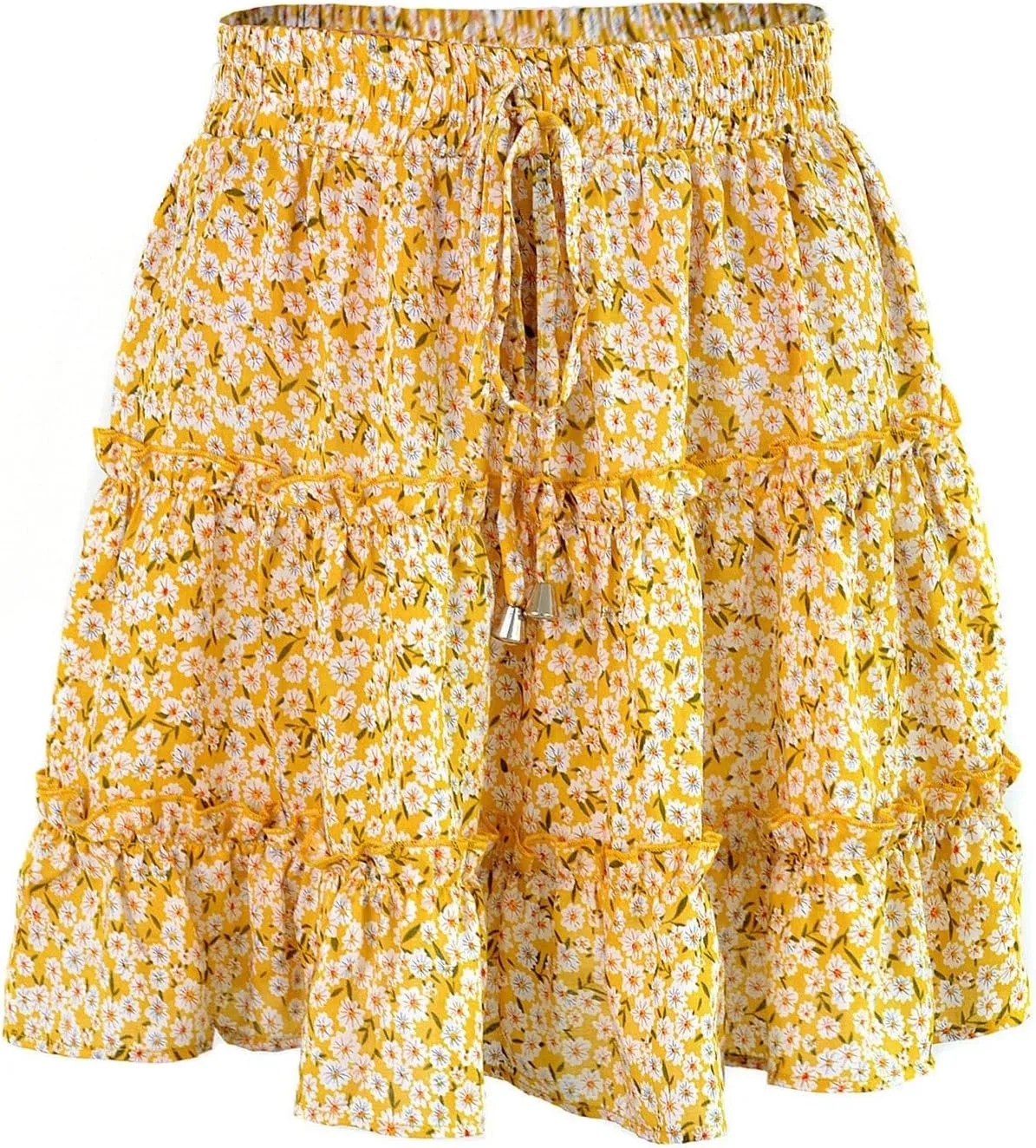 Women Elastic Waist Mini Skirts Floral Printed Pleated Ruffle Hem Flowy A Line Skirt Beach Vacation Skorts