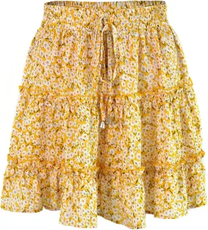 Women Elastic Waist Mini Skirts Floral Printed Pleated Ruffle Hem Flowy A Line Skirt Beach Vacation Skorts