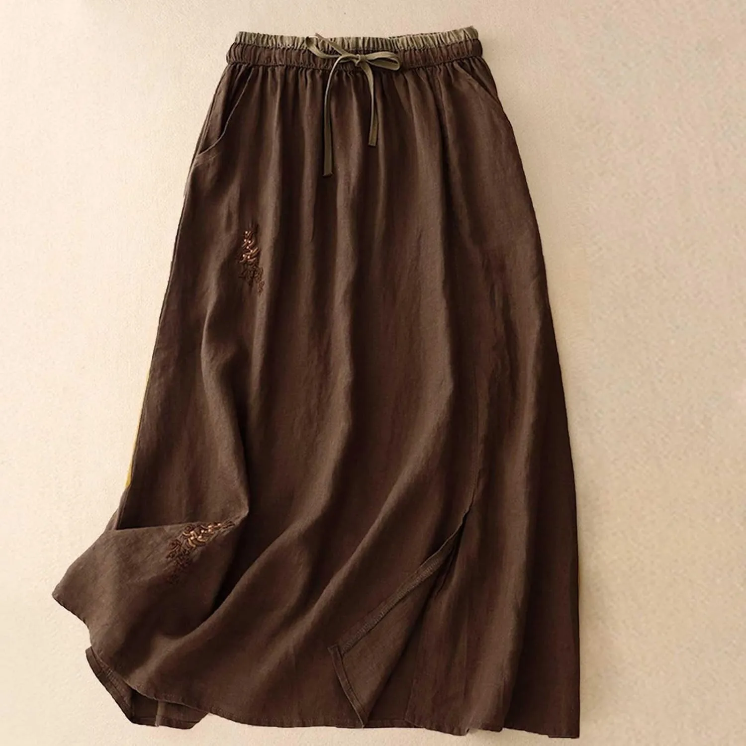 Women Embroidery Cotton Linen Skirt Drawstring Waist A Line Flowy Skirts Slit Color Block Boho Dress with Pockets