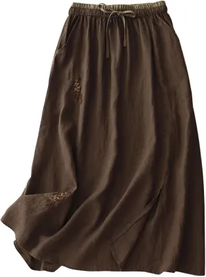 Women Embroidery Cotton Linen Skirt Drawstring Waist A Line Flowy Skirts Slit Color Block Boho Dress with Pockets