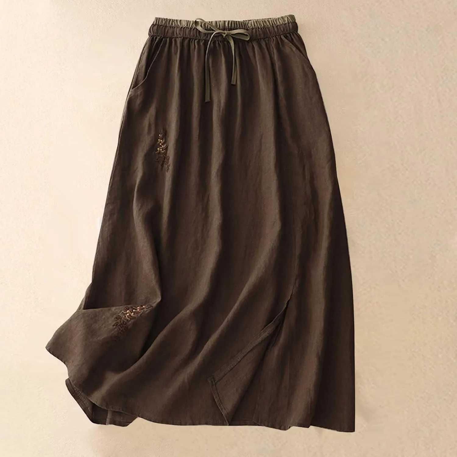Women Embroidery Cotton Linen Skirt Drawstring Waist A Line Flowy Skirts Slit Color Block Boho Dress with Pockets