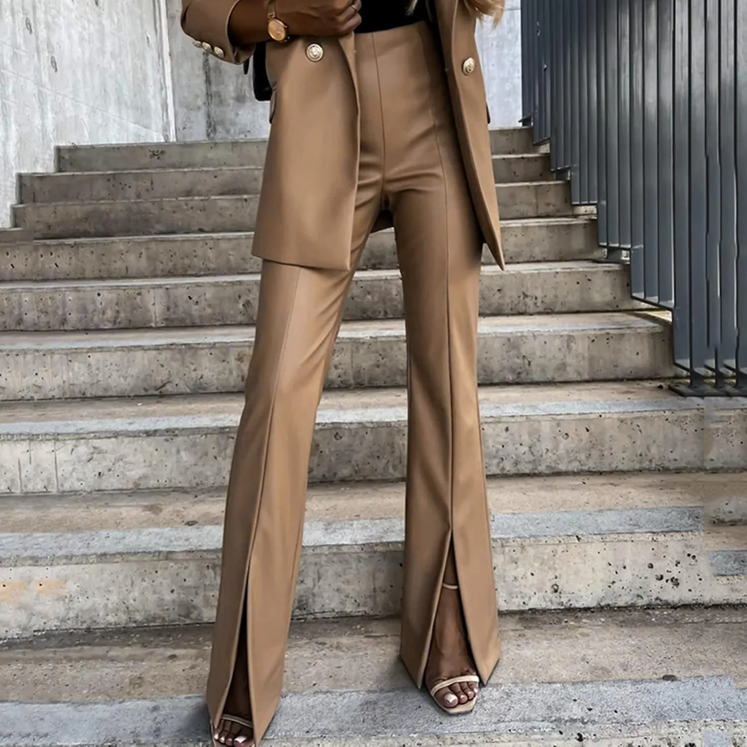 Women Faux Leather Flare Pants High Waisted Skinny Bell Bottoms Pu Leggings Casual Trendy Bootcut Pants with Pockets