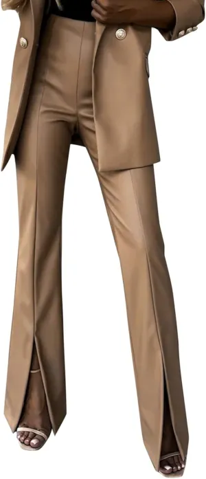 Women Faux Leather Flare Pants High Waisted Skinny Bell Bottoms Pu Leggings Casual Trendy Bootcut Pants with Pockets