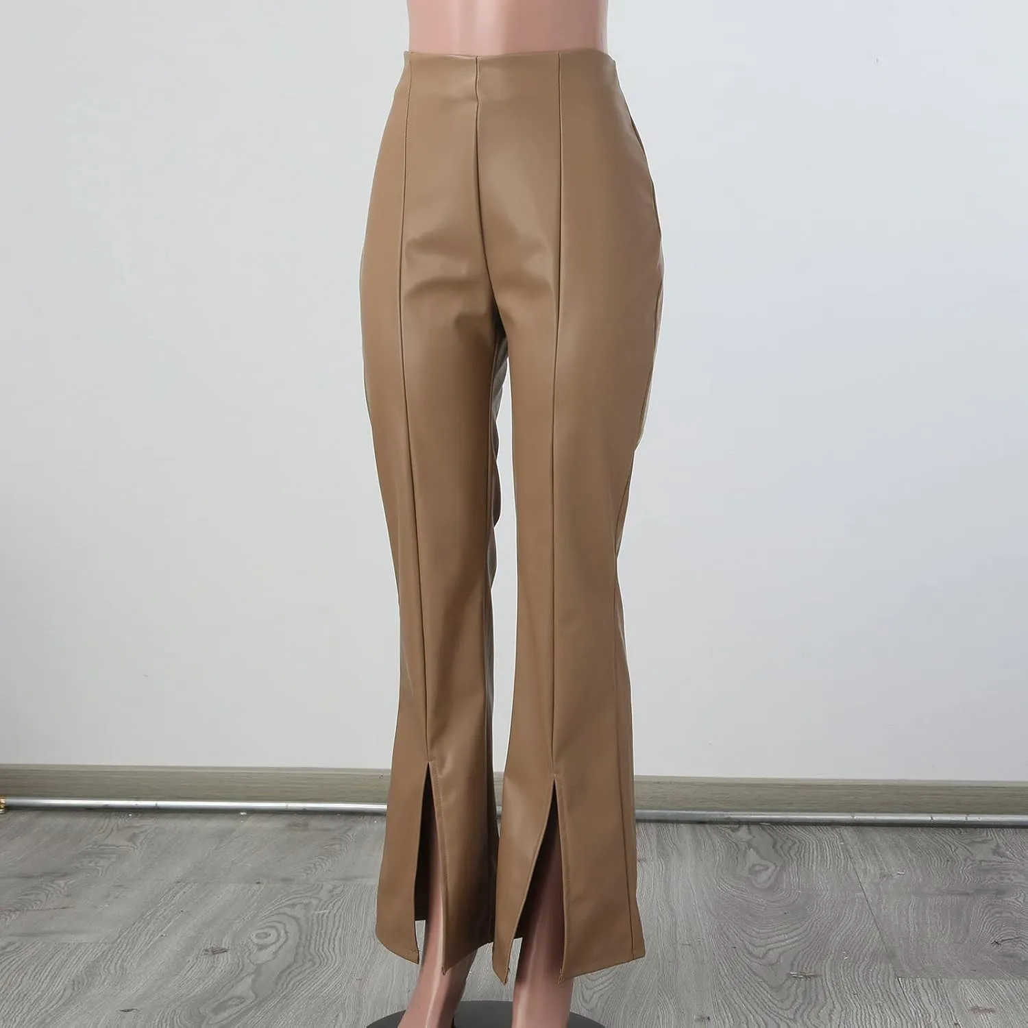 Women Faux Leather Flare Pants High Waisted Skinny Bell Bottoms Pu Leggings Casual Trendy Bootcut Pants with Pockets