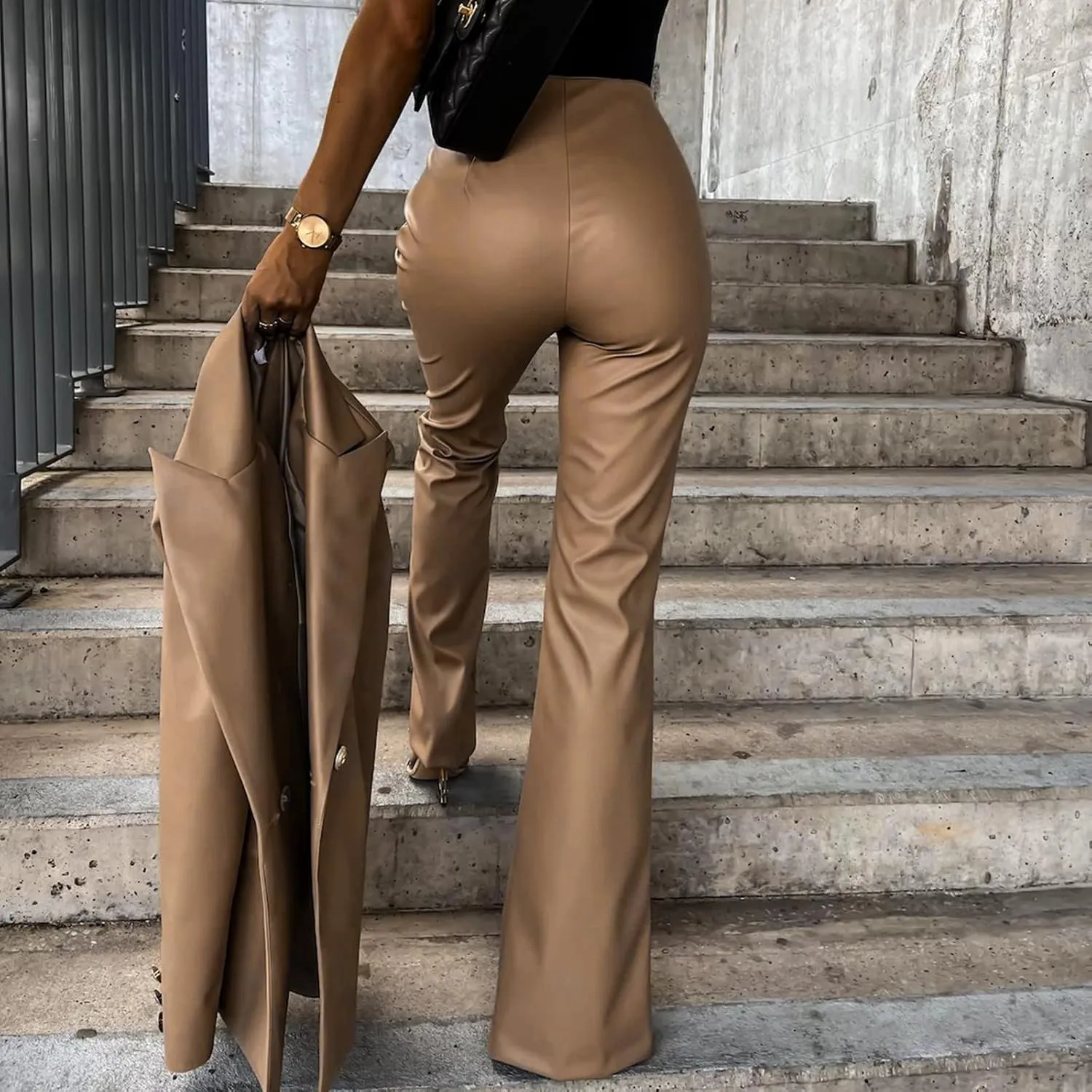 Women Faux Leather Flare Pants High Waisted Skinny Bell Bottoms Pu Leggings Casual Trendy Bootcut Pants with Pockets