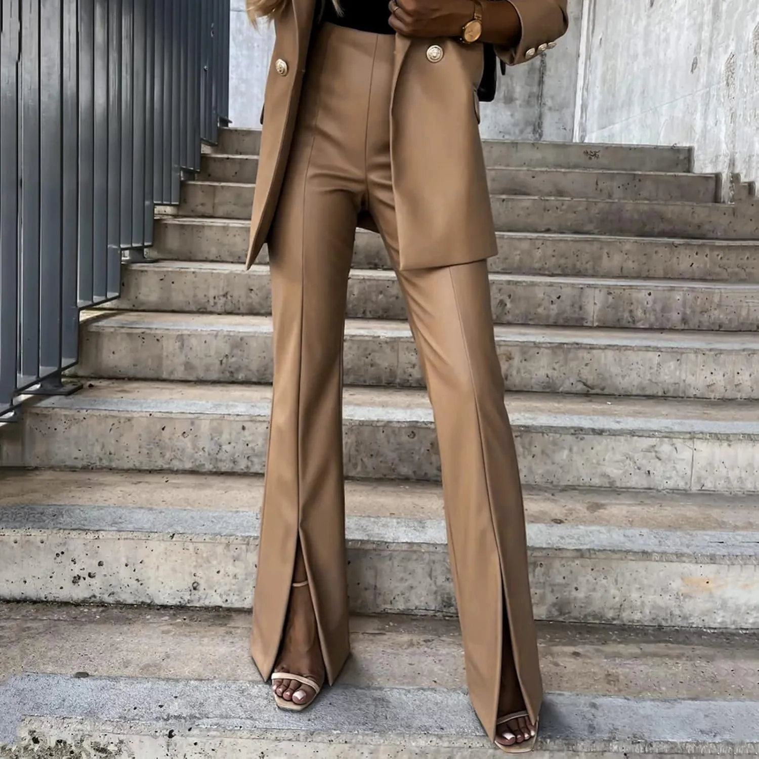 Women Faux Leather Flare Pants High Waisted Skinny Bell Bottoms Pu Leggings Casual Trendy Bootcut Pants with Pockets