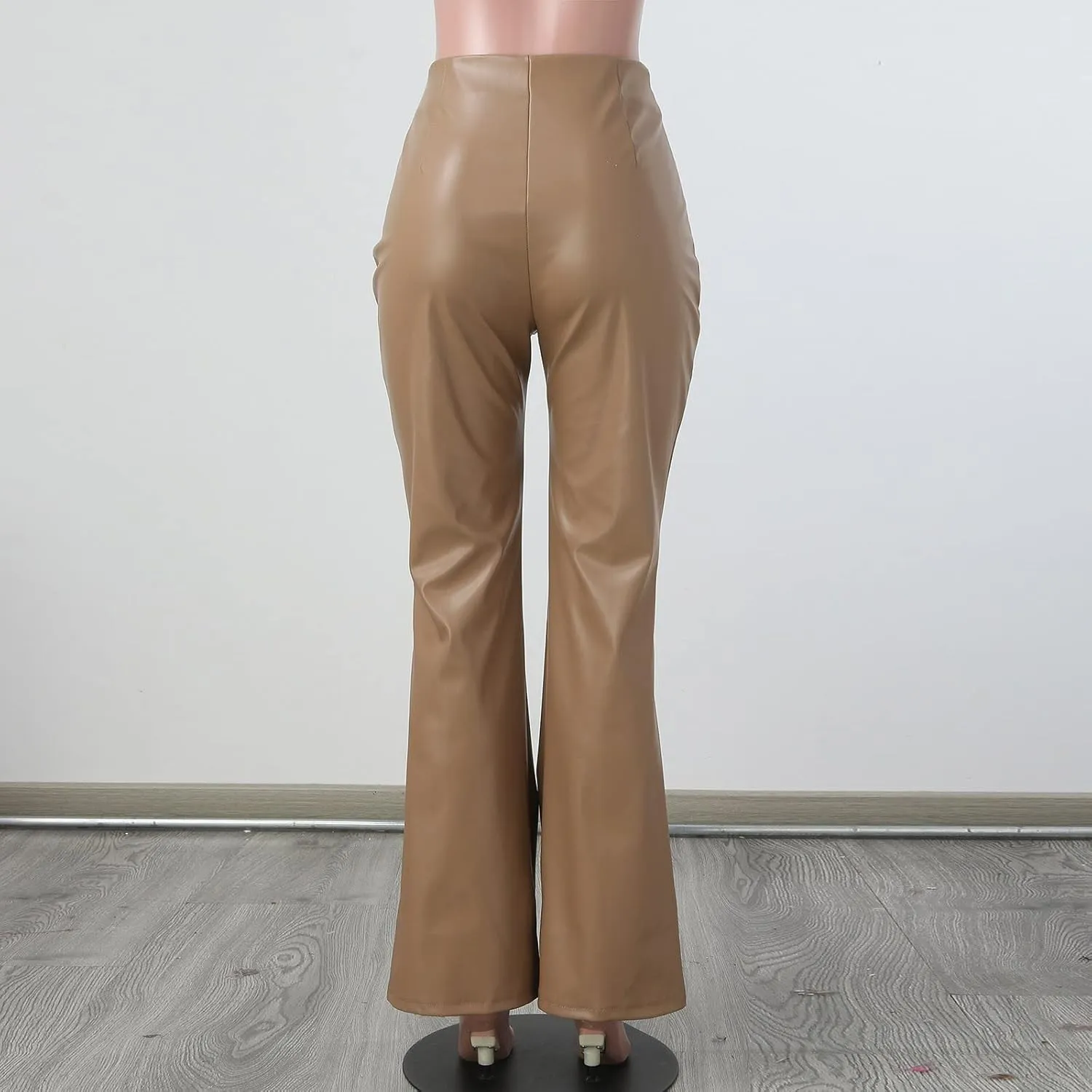 Women Faux Leather Flare Pants High Waisted Skinny Bell Bottoms Pu Leggings Casual Trendy Bootcut Pants with Pockets