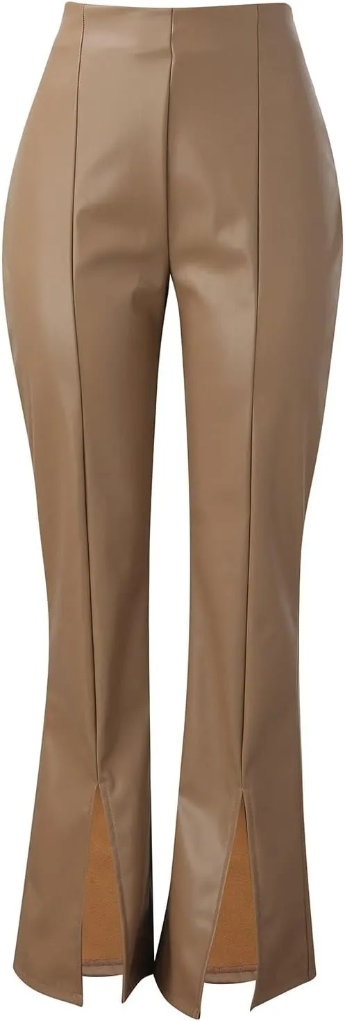 Women Faux Leather Flare Pants High Waisted Skinny Bell Bottoms Pu Leggings Casual Trendy Bootcut Pants with Pockets
