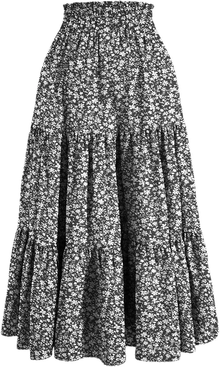 Women Floral Midi Skirt Boho Flowy Elastic High Waist Long Skirt 2025 Summer Vacation Beach Pleated A-Line Skirts