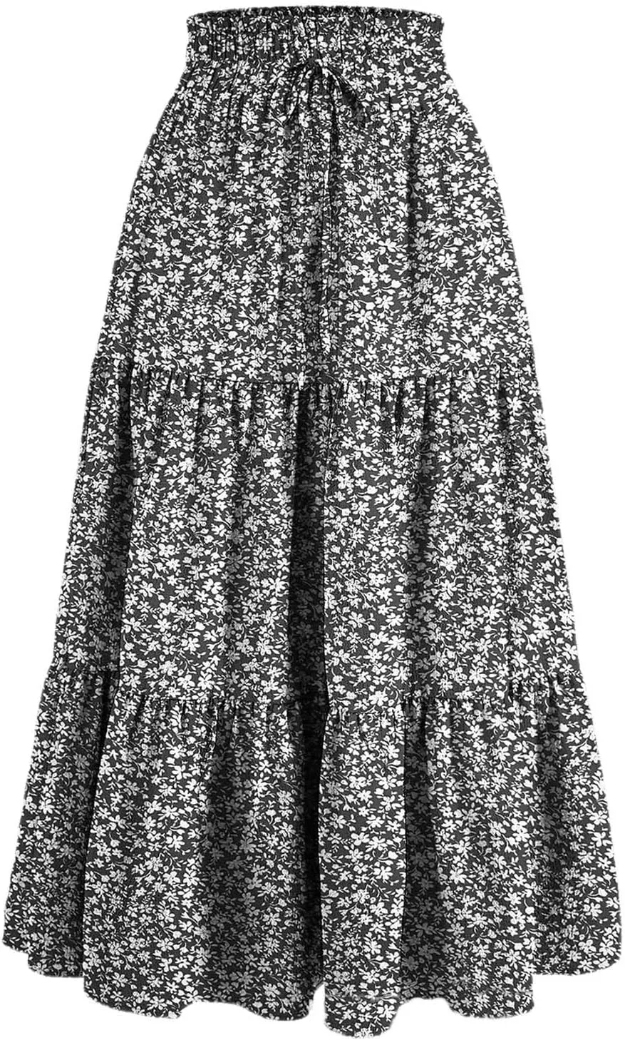 Women Floral Midi Skirt Boho Flowy Elastic High Waist Long Skirt 2025 Summer Vacation Beach Pleated A-Line Skirts