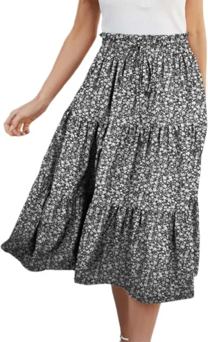 Women Floral Midi Skirt Boho Flowy Elastic High Waist Long Skirt 2025 Summer Vacation Beach Pleated A-Line Skirts