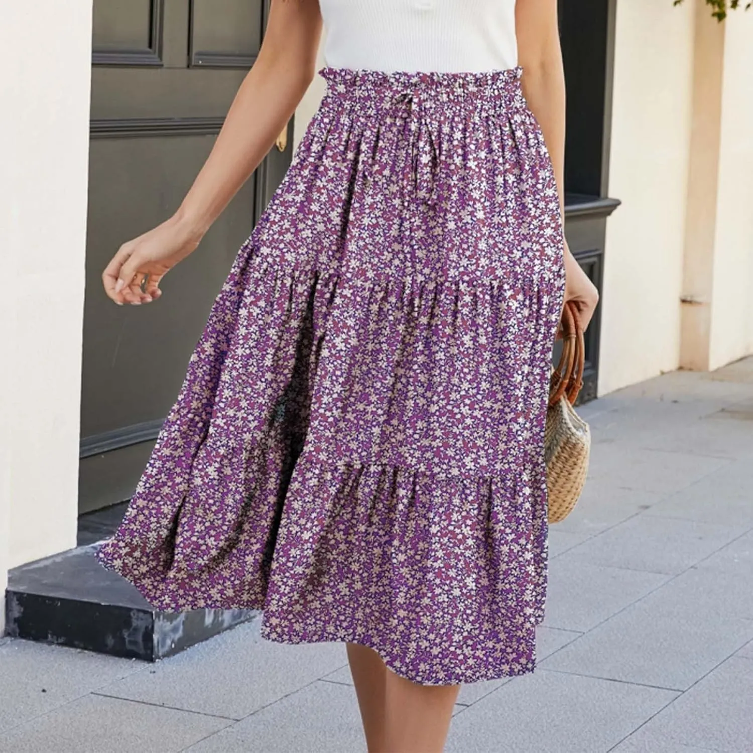 Women Floral Midi Skirt Boho Flowy Elastic High Waist Long Skirt 2025 Summer Vacation Beach Pleated A-Line Skirts