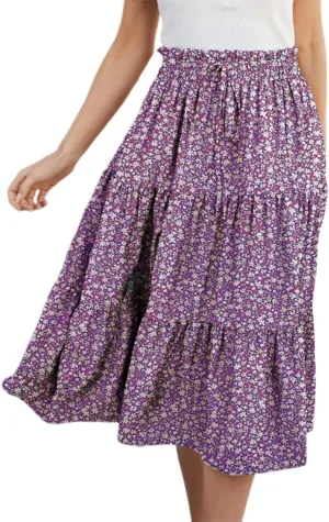 Women Floral Midi Skirt Boho Flowy Elastic High Waist Long Skirt 2025 Summer Vacation Beach Pleated A-Line Skirts