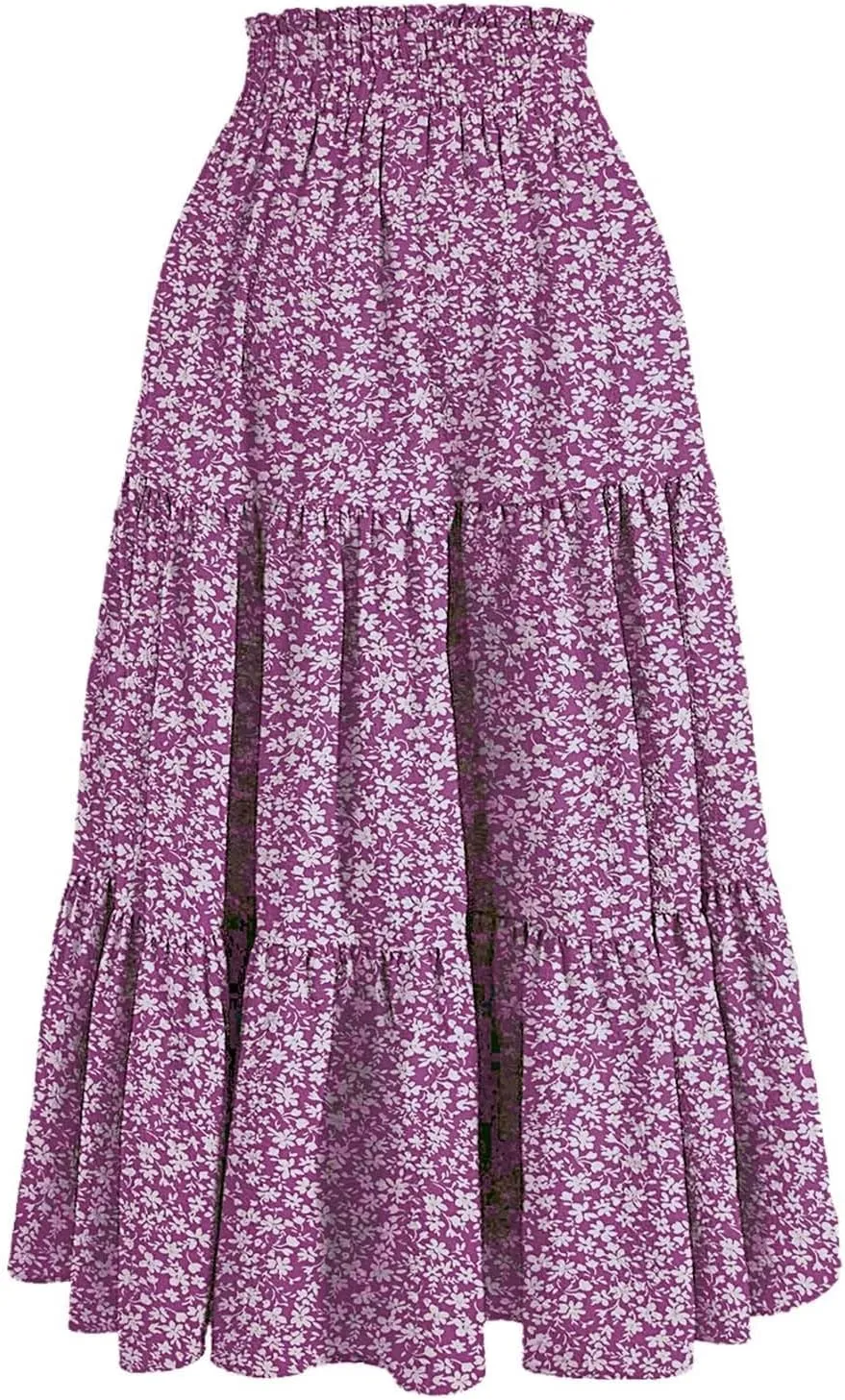 Women Floral Midi Skirt Boho Flowy Elastic High Waist Long Skirt 2025 Summer Vacation Beach Pleated A-Line Skirts