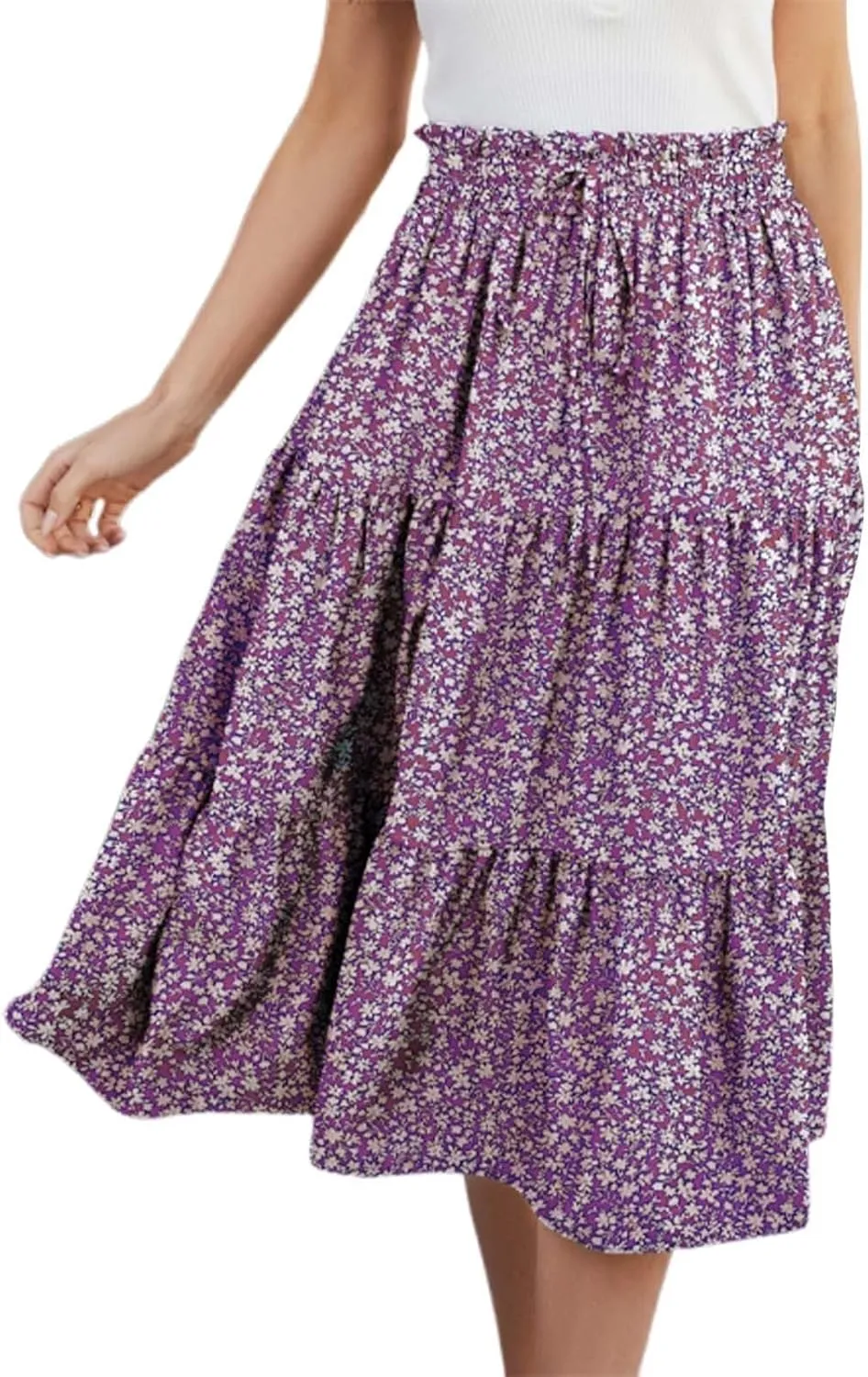 Women Floral Midi Skirt Boho Flowy Elastic High Waist Long Skirt 2025 Summer Vacation Beach Pleated A-Line Skirts