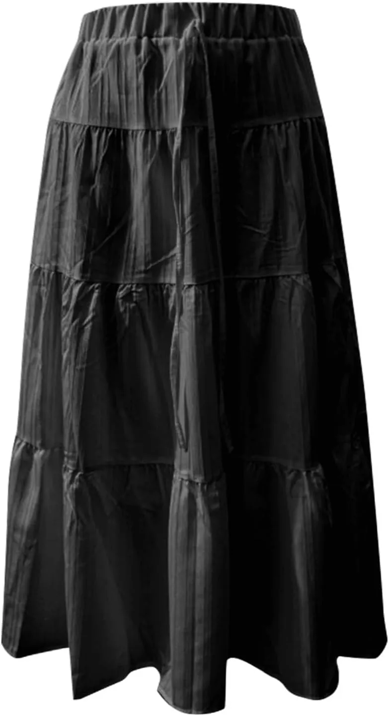 Women Flowy Maxi Skirt Elastic High Waist Pleated A-Line Skirts Tiered Swing Summer Vacation Beach Long Skirts