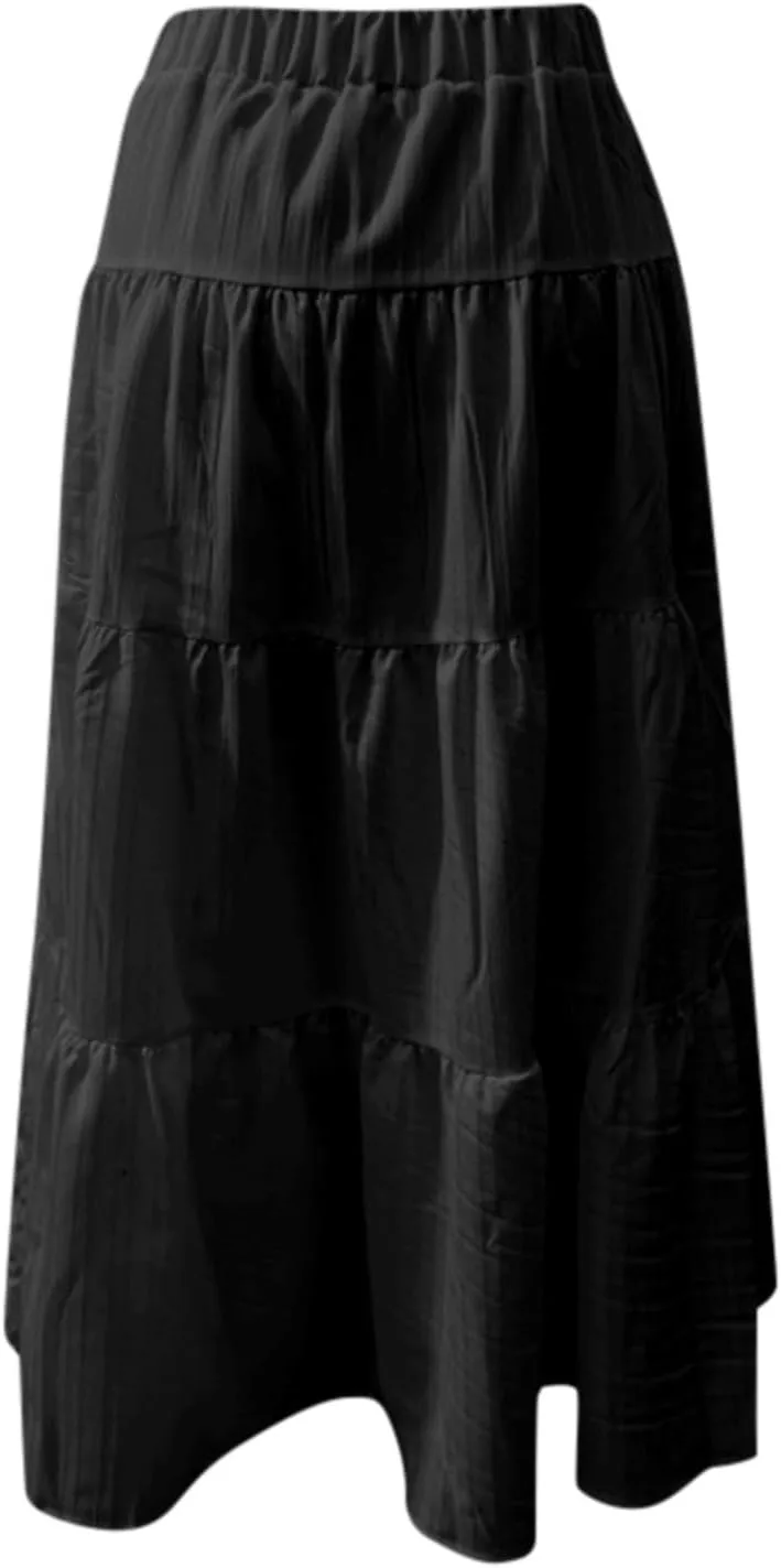 Women Flowy Maxi Skirt Elastic High Waist Pleated A-Line Skirts Tiered Swing Summer Vacation Beach Long Skirts
