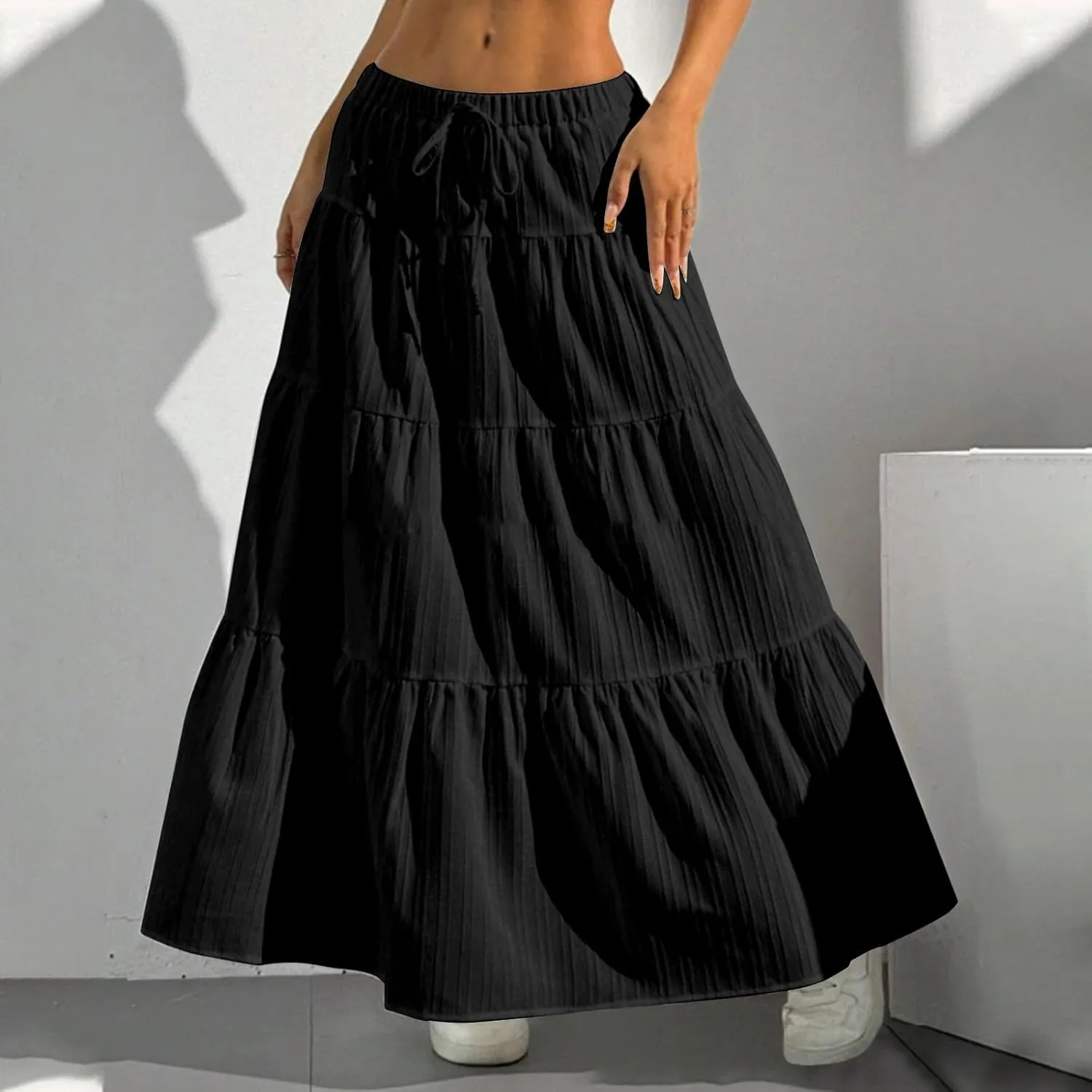 Women Flowy Maxi Skirt Elastic High Waist Pleated A-Line Skirts Tiered Swing Summer Vacation Beach Long Skirts