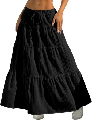 Women Flowy Maxi Skirt Elastic High Waist Pleated A-Line Skirts Tiered Swing Summer Vacation Beach Long Skirts