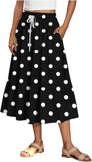 Women Flowy Pleated Skirts Elastic High Waist Drawstring Midi Skirt Boho Casual Summer Printed Ruffle Tiered Dress