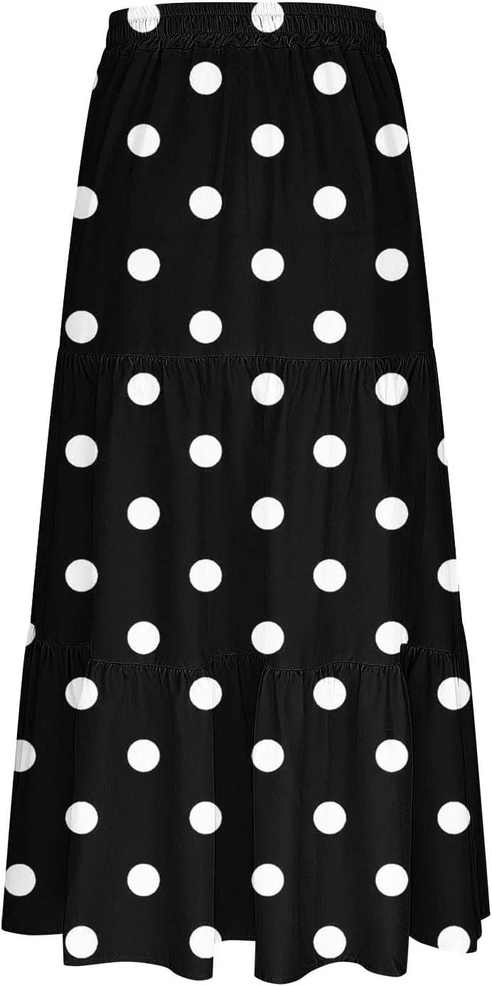 Women Flowy Pleated Skirts Elastic High Waist Drawstring Midi Skirt Boho Casual Summer Printed Ruffle Tiered Dress