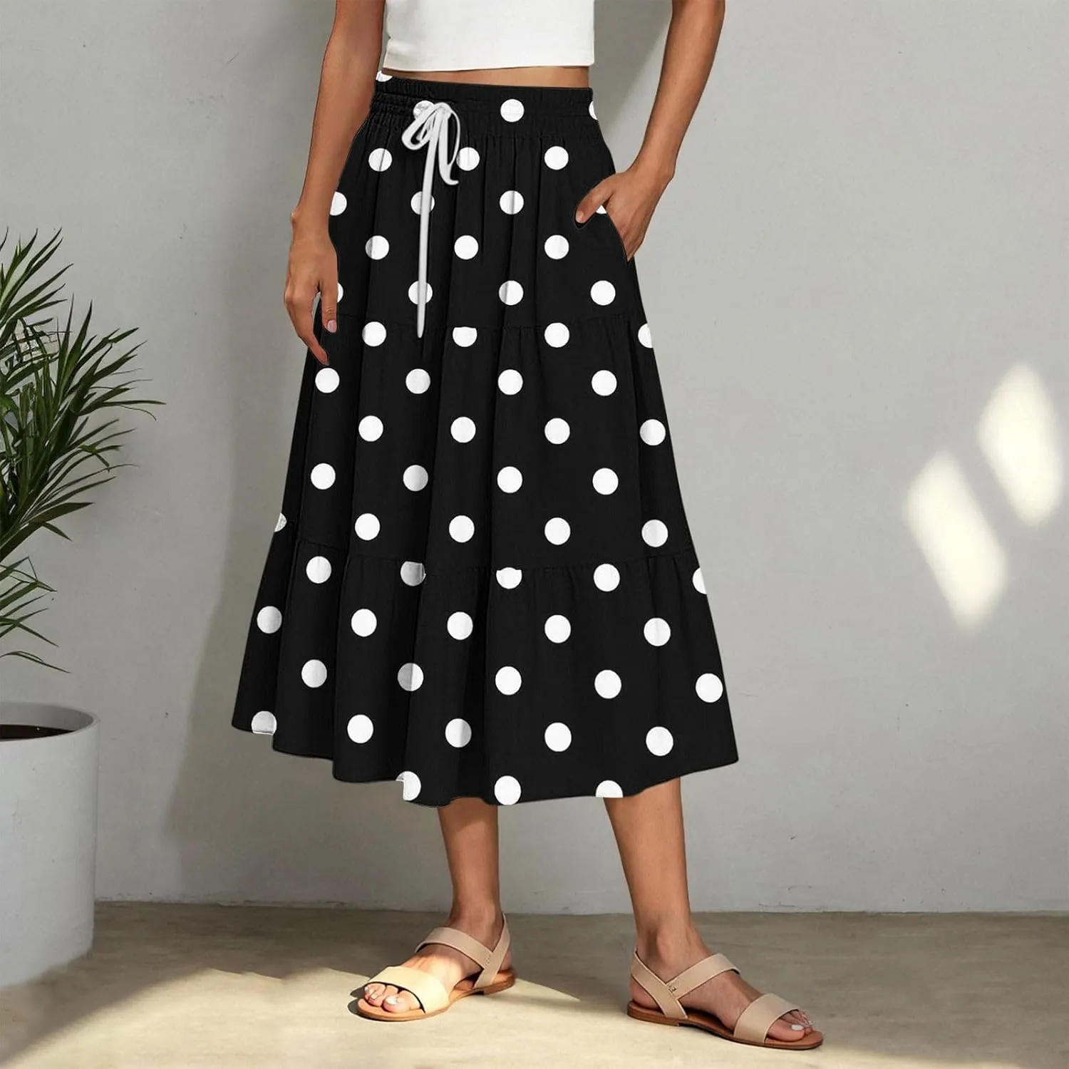 Women Flowy Pleated Skirts Elastic High Waist Drawstring Midi Skirt Boho Casual Summer Printed Ruffle Tiered Dress