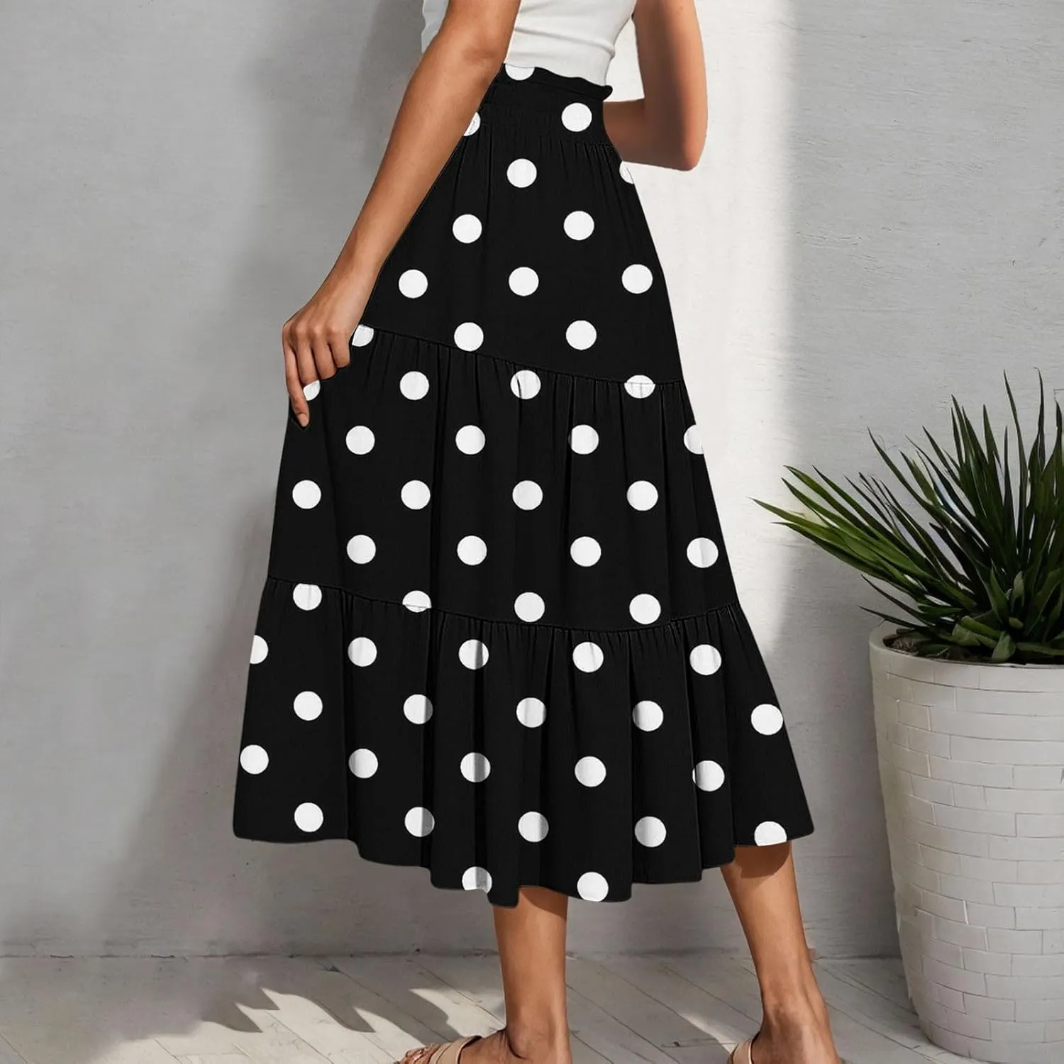 Women Flowy Pleated Skirts Elastic High Waist Drawstring Midi Skirt Boho Casual Summer Printed Ruffle Tiered Dress