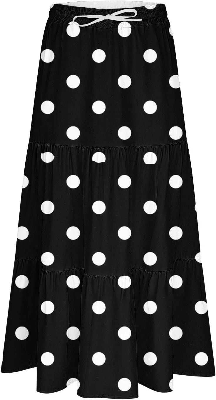 Women Flowy Pleated Skirts Elastic High Waist Drawstring Midi Skirt Boho Casual Summer Printed Ruffle Tiered Dress