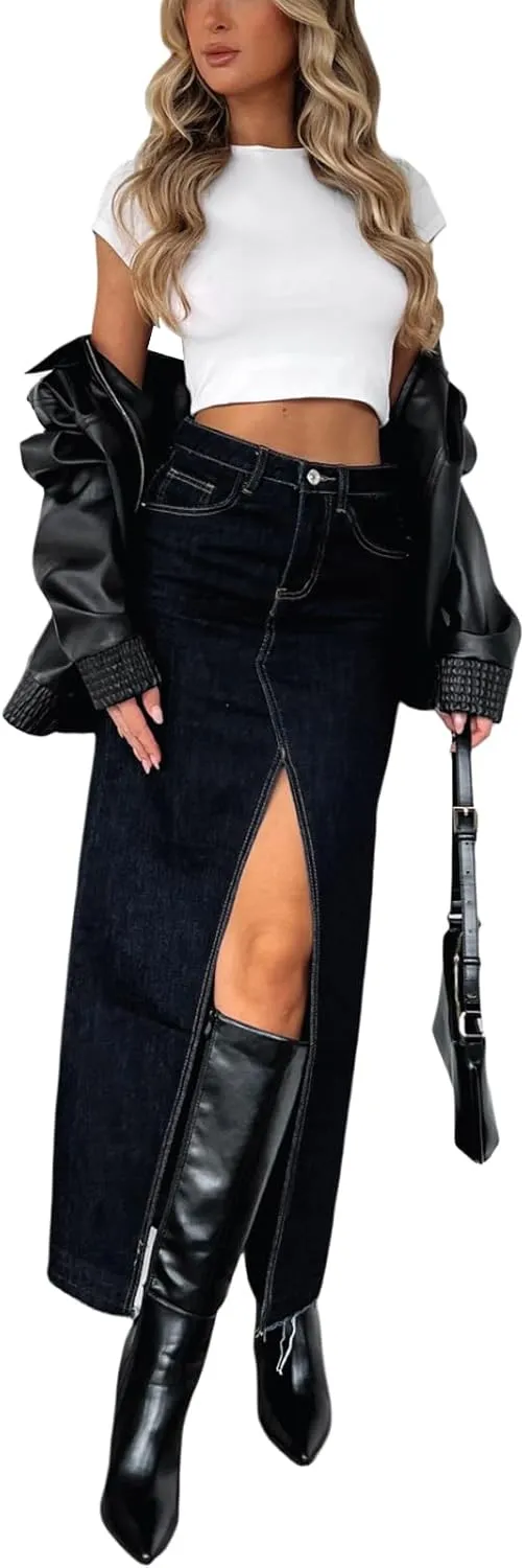Women High Waist Denim Skirts Solid Color Tassel Hem Long Jeans Skirts Spring Summer Casual Skirts Streetwear