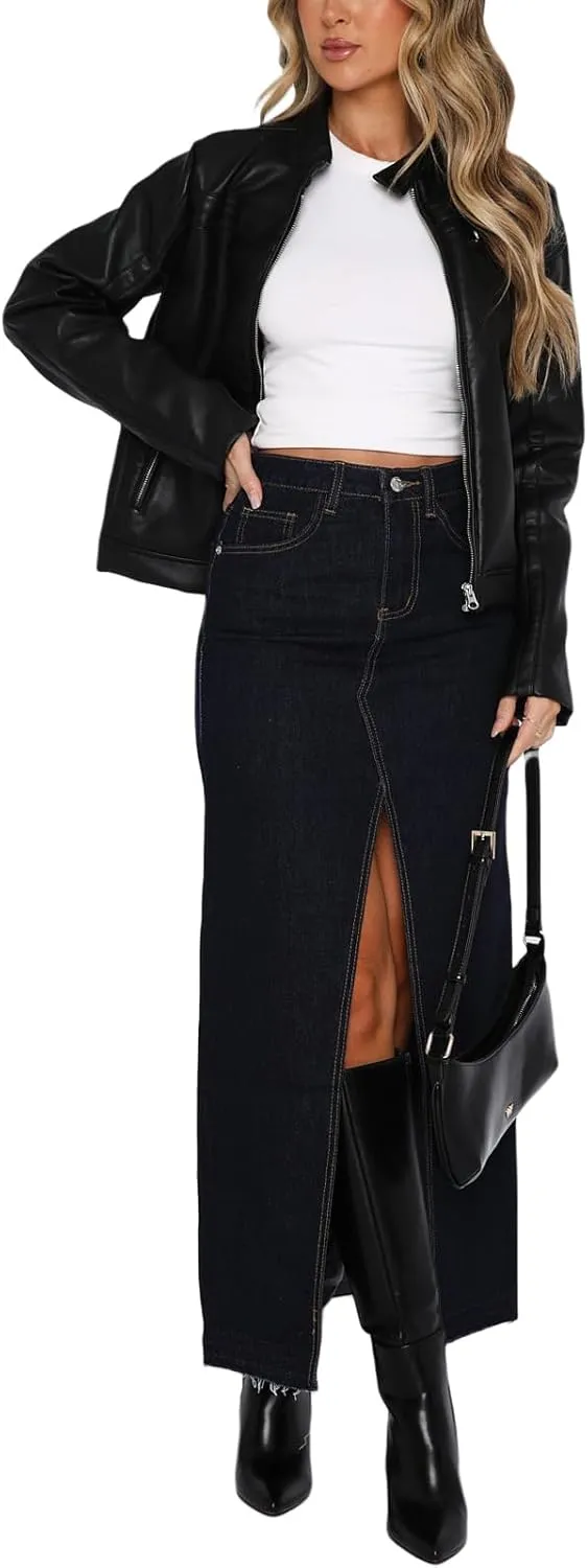 Women High Waist Denim Skirts Solid Color Tassel Hem Long Jeans Skirts Spring Summer Casual Skirts Streetwear