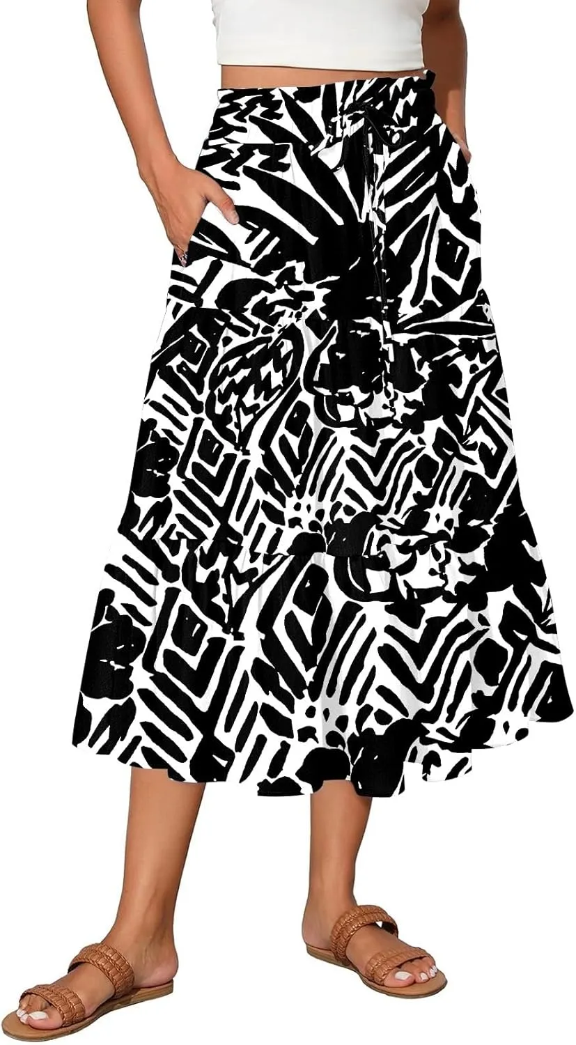 Women High Waisted Boho Floral Flowy Midi Skirt 2025 Trendy Summer Fall Casual Pleated A Line Cute Print Long Skirts
