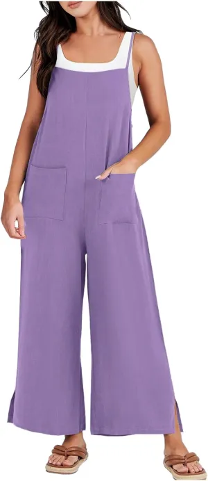 Women Jumpsuit Casual Loose Linen Wide Leg Baggy Overalls 2024 Long Pants Beach Vacation Rompers with Pockets