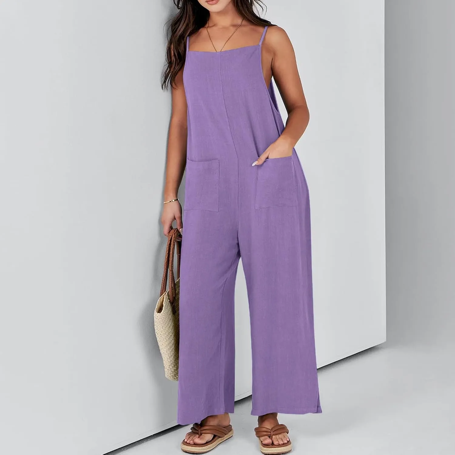 Women Jumpsuit Casual Loose Linen Wide Leg Baggy Overalls 2024 Long Pants Beach Vacation Rompers with Pockets