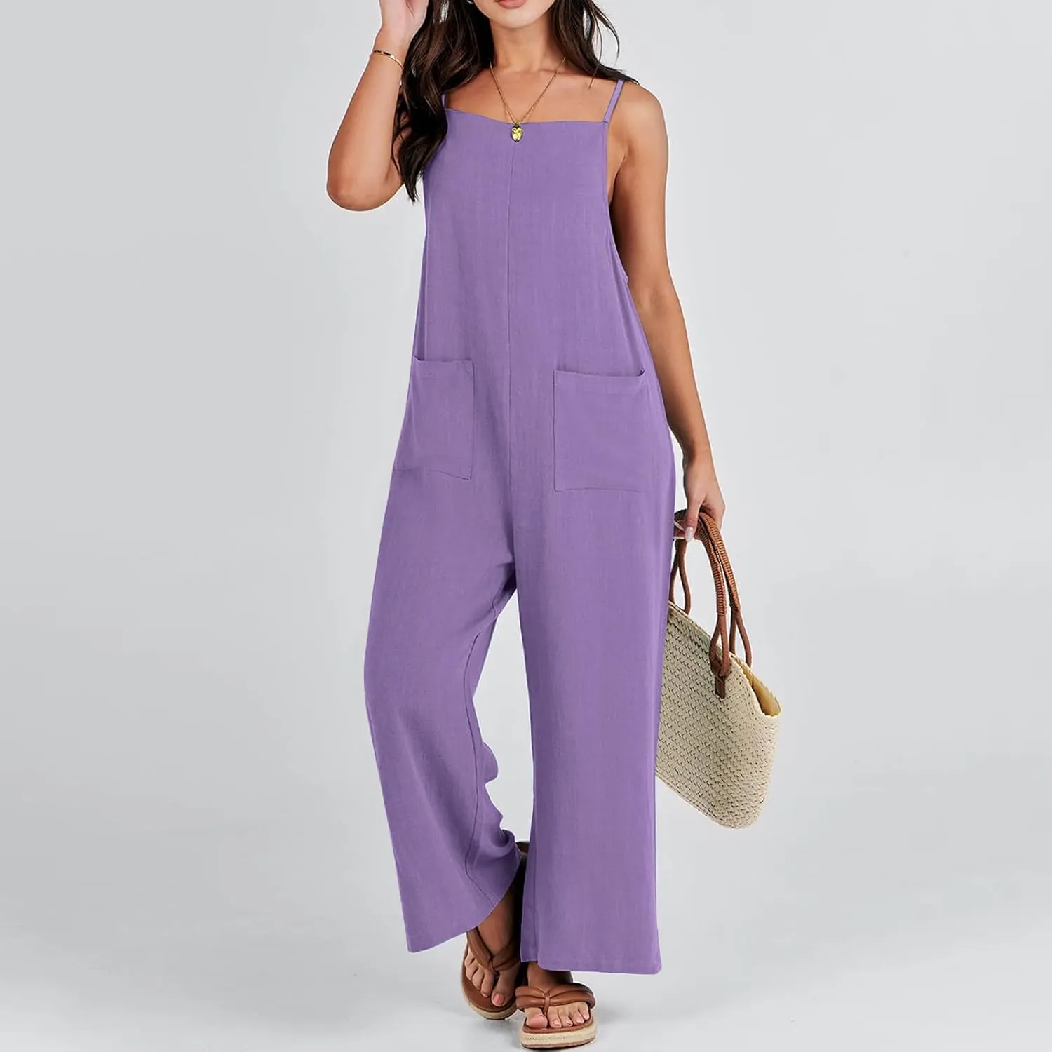 Women Jumpsuit Casual Loose Linen Wide Leg Baggy Overalls 2024 Long Pants Beach Vacation Rompers with Pockets