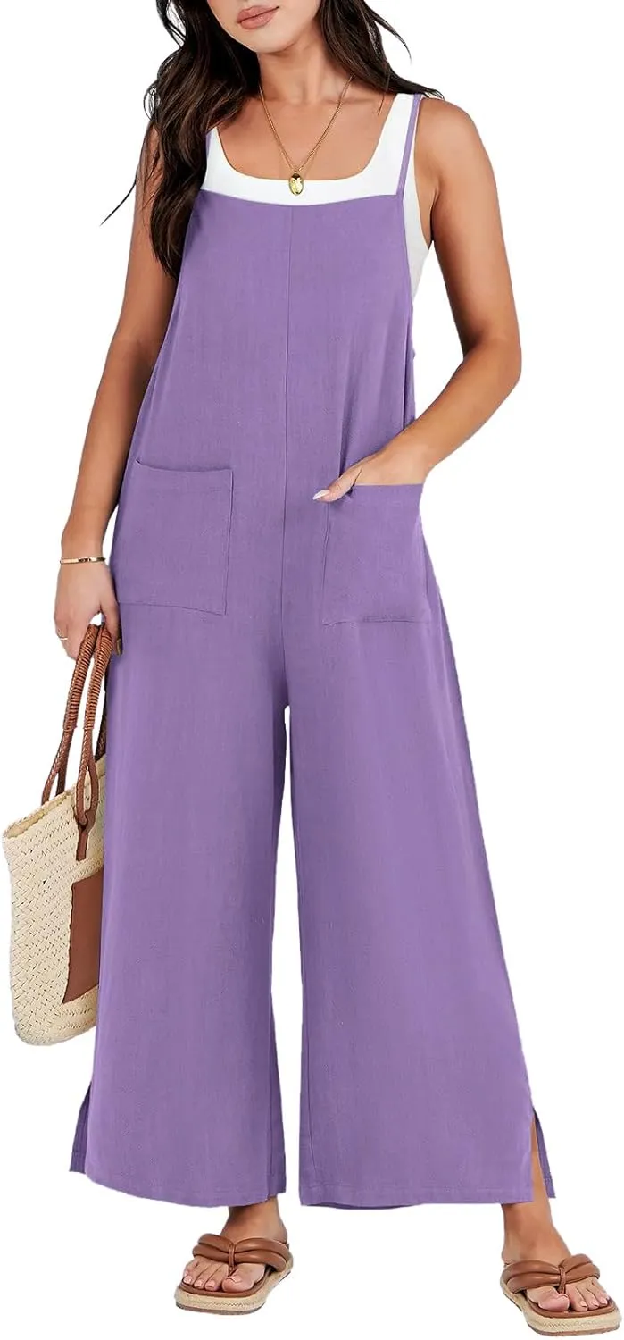 Women Jumpsuit Casual Loose Linen Wide Leg Baggy Overalls 2024 Long Pants Beach Vacation Rompers with Pockets