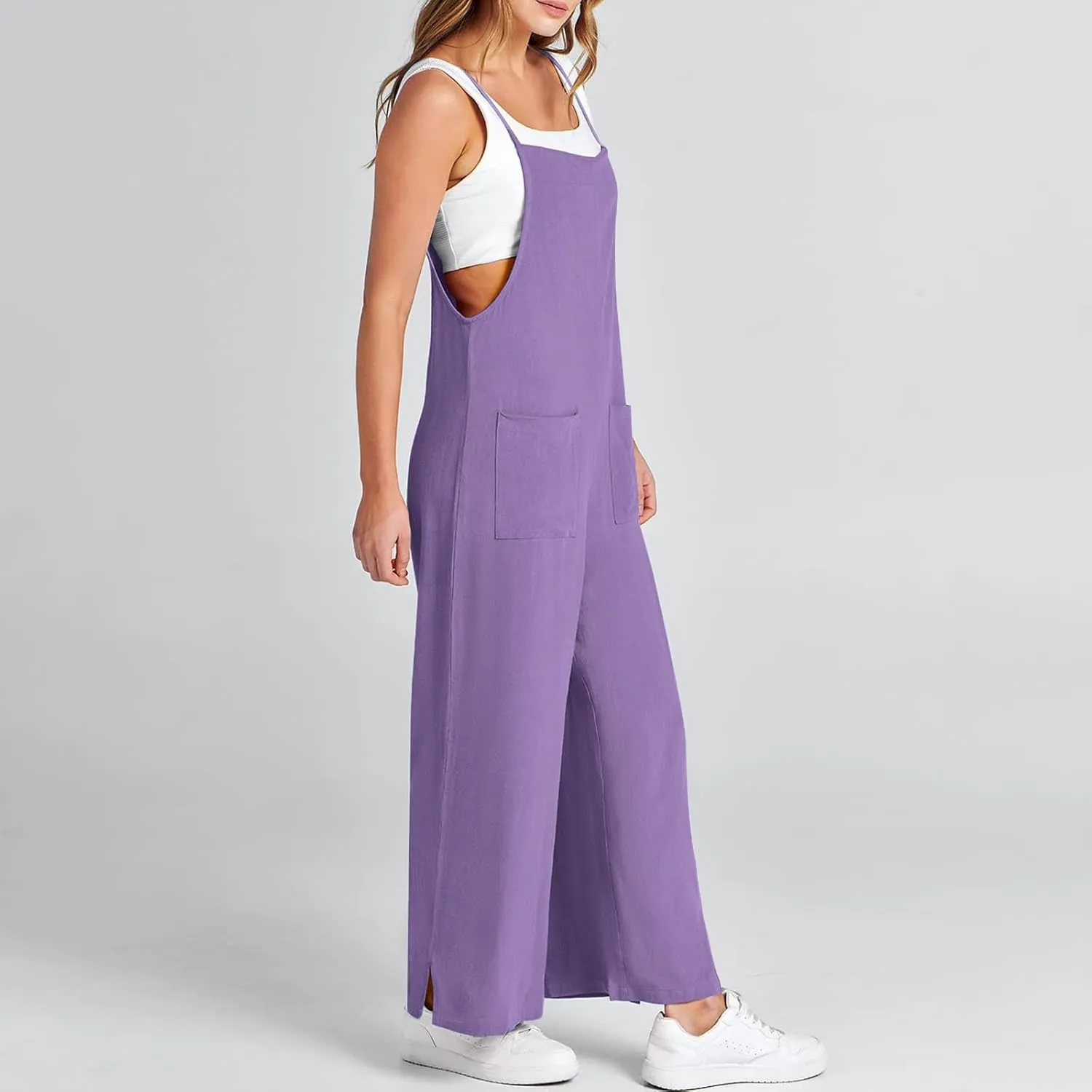Women Jumpsuit Casual Loose Linen Wide Leg Baggy Overalls 2024 Long Pants Beach Vacation Rompers with Pockets