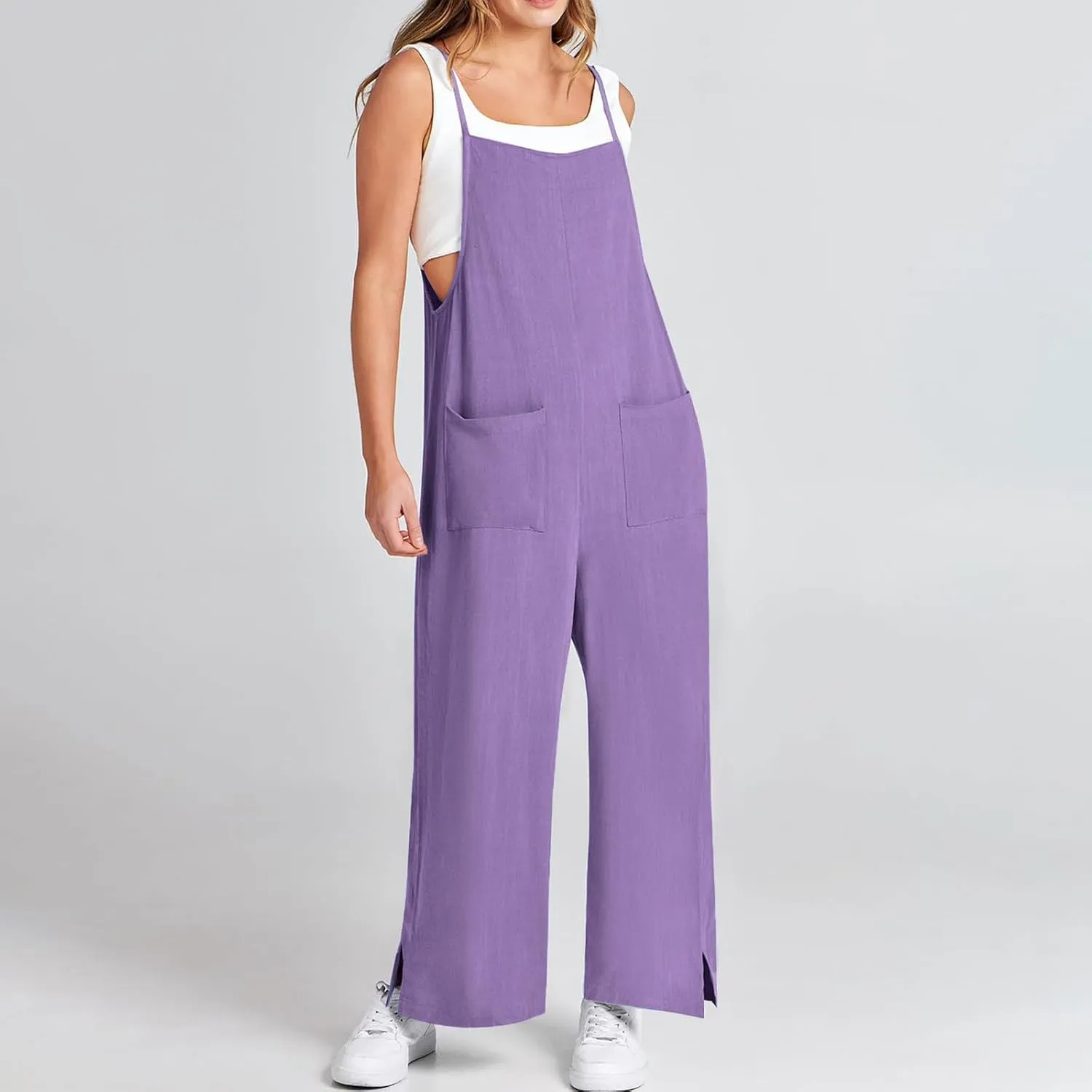 Women Jumpsuit Casual Loose Linen Wide Leg Baggy Overalls 2024 Long Pants Beach Vacation Rompers with Pockets