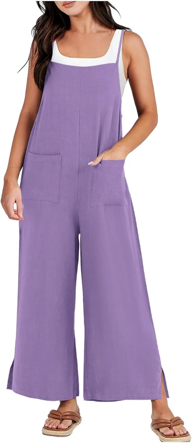 Women Jumpsuit Casual Loose Linen Wide Leg Baggy Overalls 2024 Long Pants Beach Vacation Rompers with Pockets