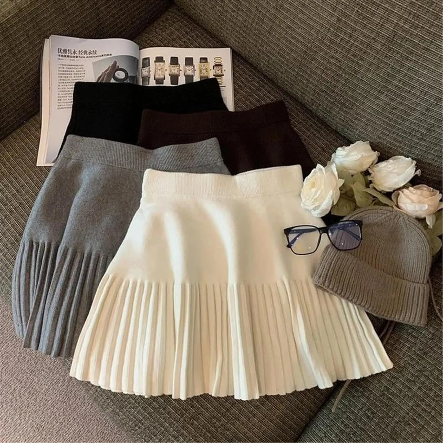 Women Knitted Pleated Skirts Fall Winter High Waist All-Match A-Line Skirts Female Korean Mini Skirts