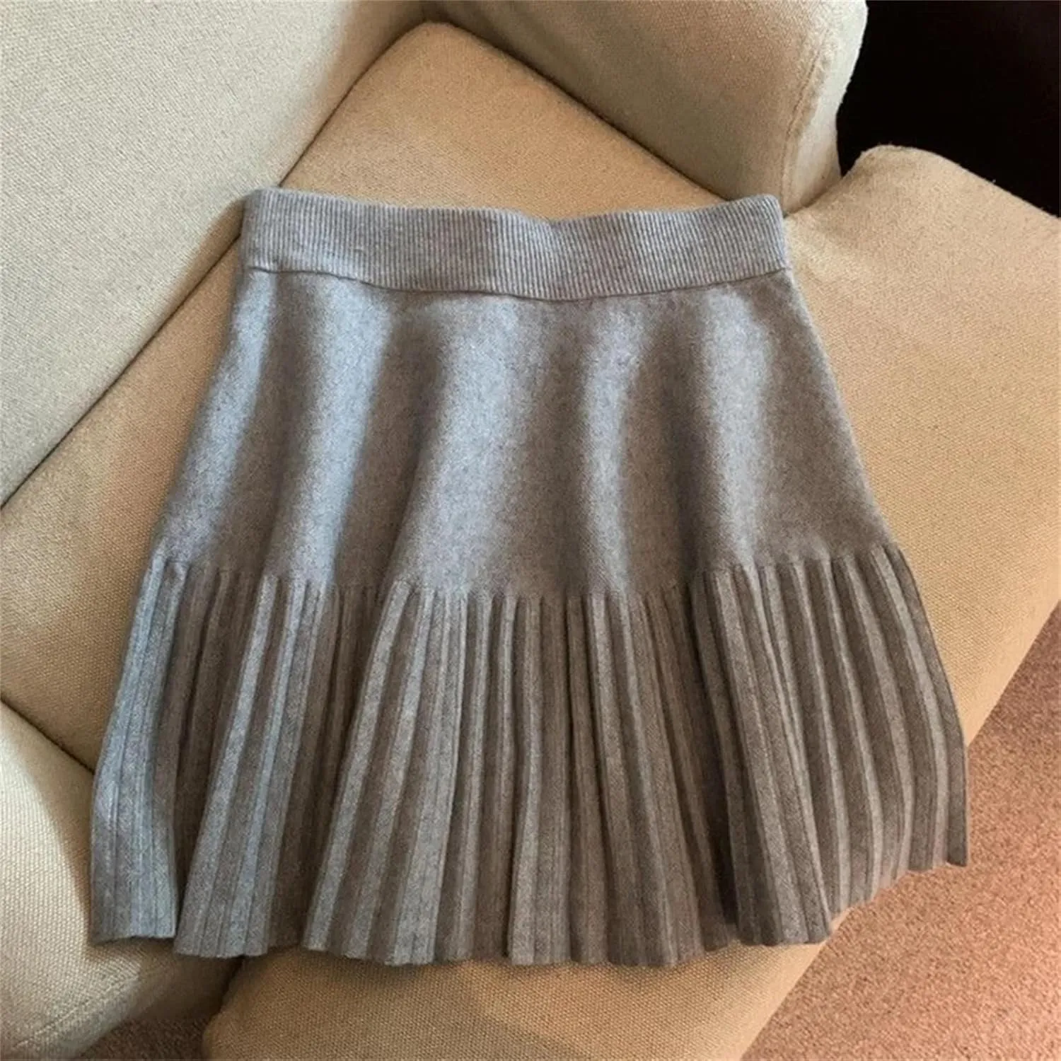 Women Knitted Pleated Skirts Fall Winter High Waist All-Match A-Line Skirts Female Korean Mini Skirts